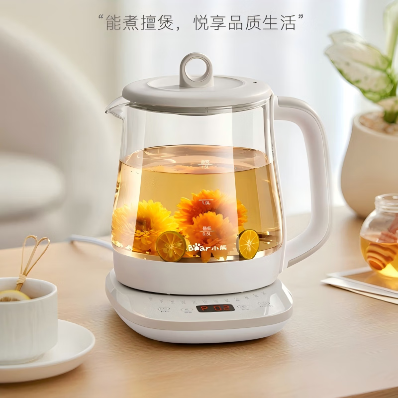 小熊电水壶1.5L玻璃壶身800W快煮底盘加热多功能养生煮茶一体浅咖色家用新款YSH-J15V5-P01高清大图