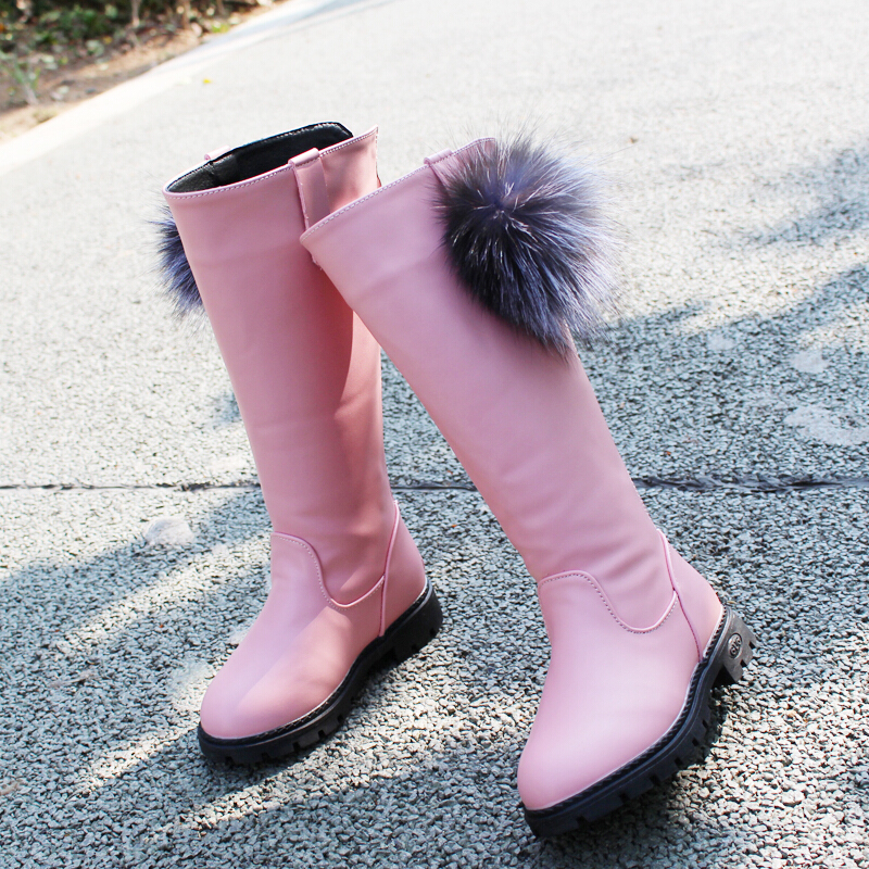 女童靴高筒雪地靴鞋大童人造短毛绒靴新款加绒长筒冬平底公主靴212岁