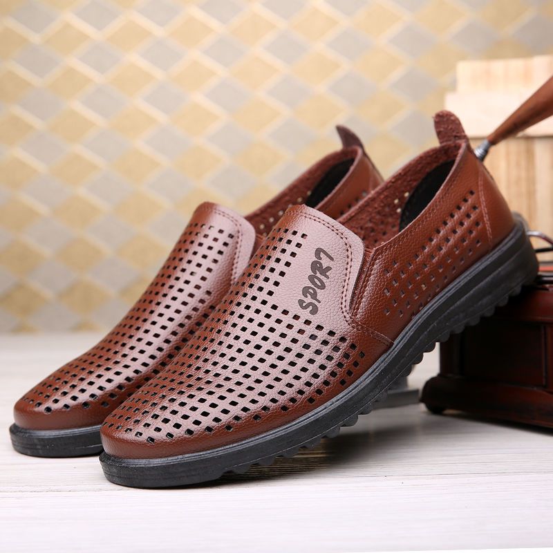 夏季透气镂空皮凉鞋商务休闲皮鞋爸爸男洞洞凉皮鞋男商务鞋107棕色套