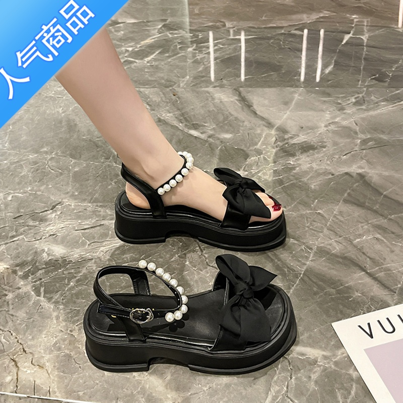 SUNTEK厚底珍珠蝴蝶结仙女风凉鞋女夏季2023年新款设计感法式增高罗马鞋