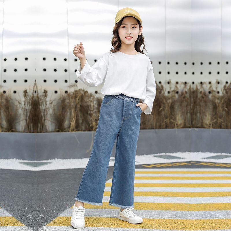 谜局(miju)女童牛仔裤2019新款春秋装中大童阔腿裤小学生宽松女孩直筒