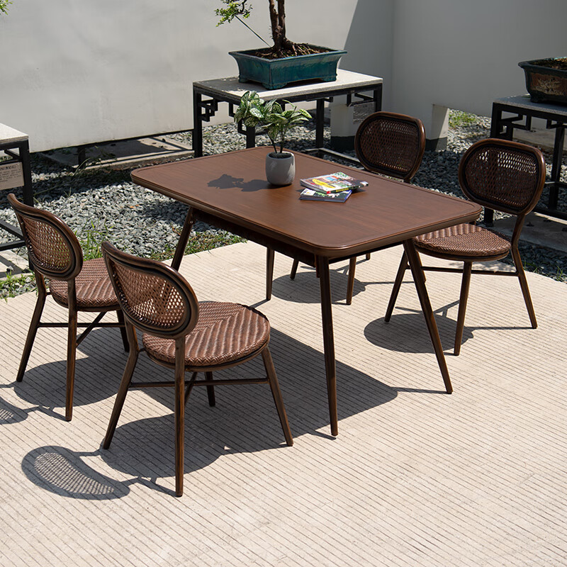 紫叶户外桌椅组合花园露天阳台室外藤编椅休闲庭院桌椅藤椅三件套 4【胡桃木无扶手椅】+【长桌135x80】