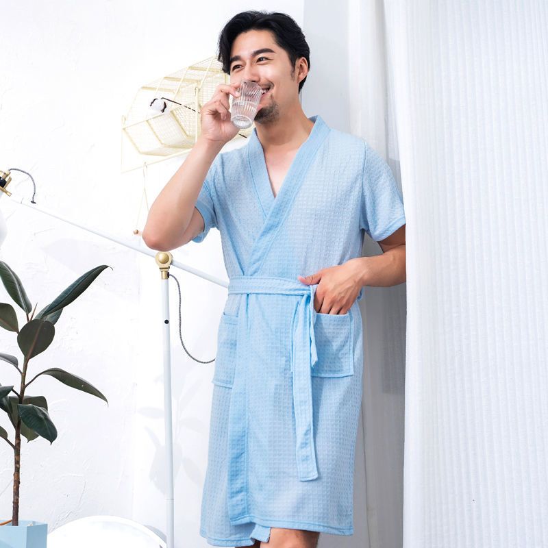 春秋新款睡袍宽松华夫格男女浴衣院酒店浴袍夏季晨袍情侣睡衣 华夫格-浅蓝色男【短袖】 L120-150斤