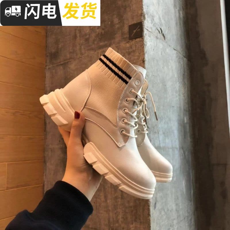  冬装新款时尚复古拼接pu皮增高马丁靴厚底松糕单靴女鞋子启如女士高帮鞋图片