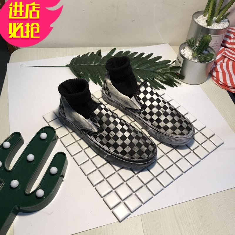 金三志韩国ins做旧格子帆布鞋原宿ulzzang一脚蹬懒人情侣鞋休闲运动鞋女帆布鞋