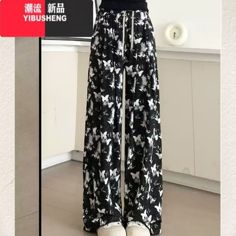 YIBUSHENG水墨画竖条纹冰阔腿裤女宽松凉凉防晒垂感中国风直筒休闲裤