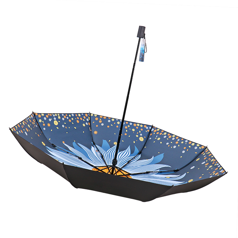 天堂伞 三折全遮光黑胶插画晴雨伞防紫外线太阳伞遮阳伞55cm*8骨 619E望日莲 橙色