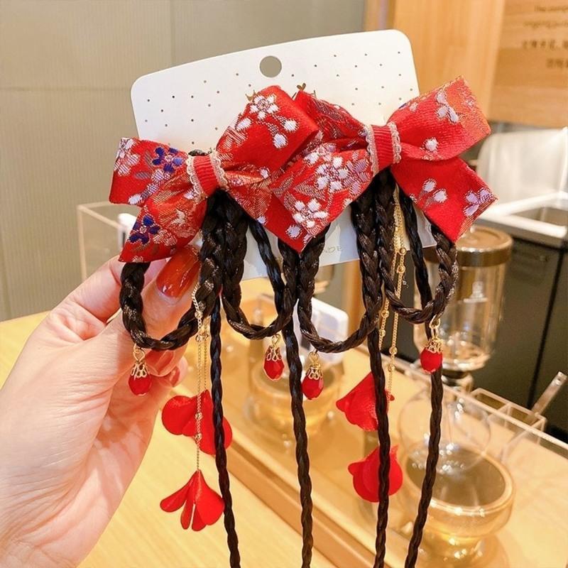 儿童发夹中国风汉服女童头饰古装唐装假发辫子造型布艺流苏对夹新年