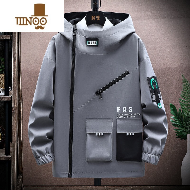 YANXU工装外套男潮流美式侧拉链上衣服连帽夹克青少年机能冲锋衣高清大图