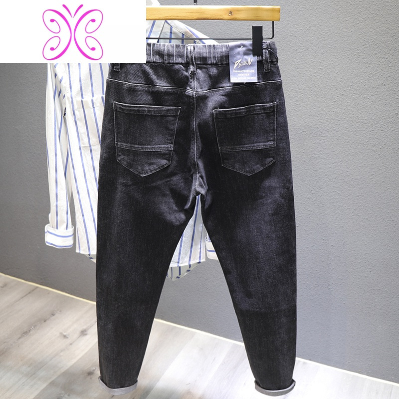 yuansu秋冬季厚款松紧腰系绳黑色牛仔裤男潮牌水洗韩版弹力修身小脚