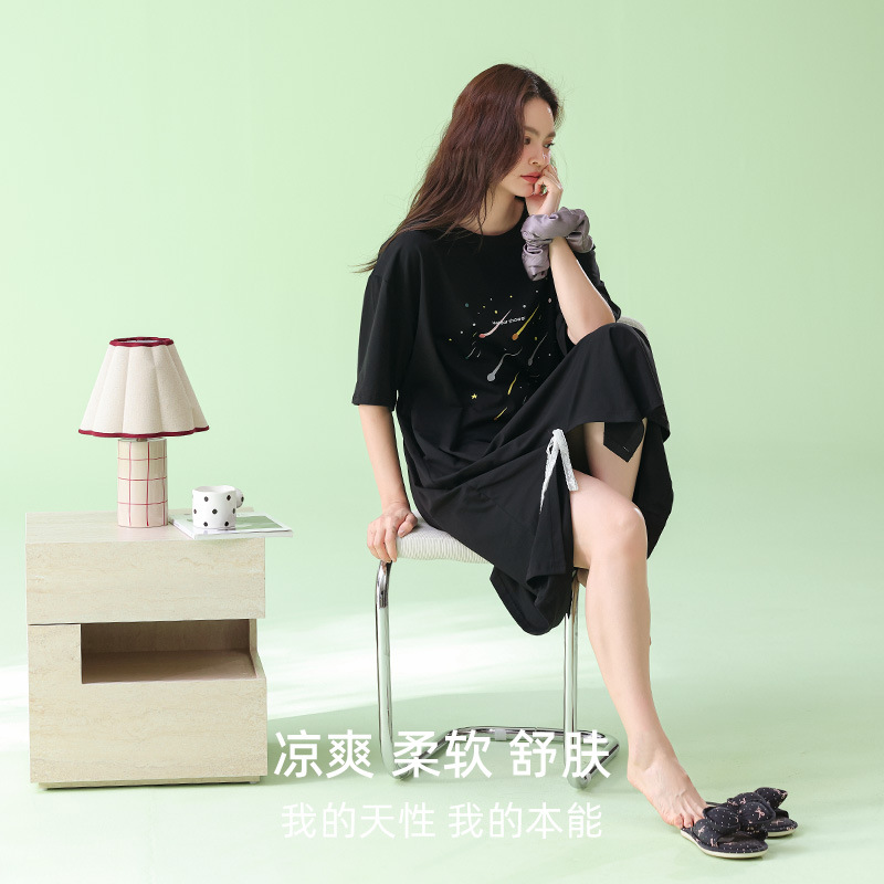米奇喵[超柔软]夏季薄款莫代尔棉睡裙女宽松流星印花中长款裙子可外穿 流星印花睡裙 尺码备注高清大图