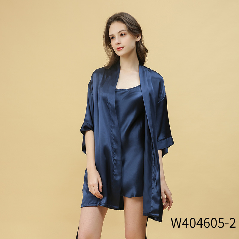 真丝睡裙春夏吊带女真丝睡衣纯桑蚕丝睡袍丝绸舒适两件套 165(L)否 W404605-2藏青单睡袍