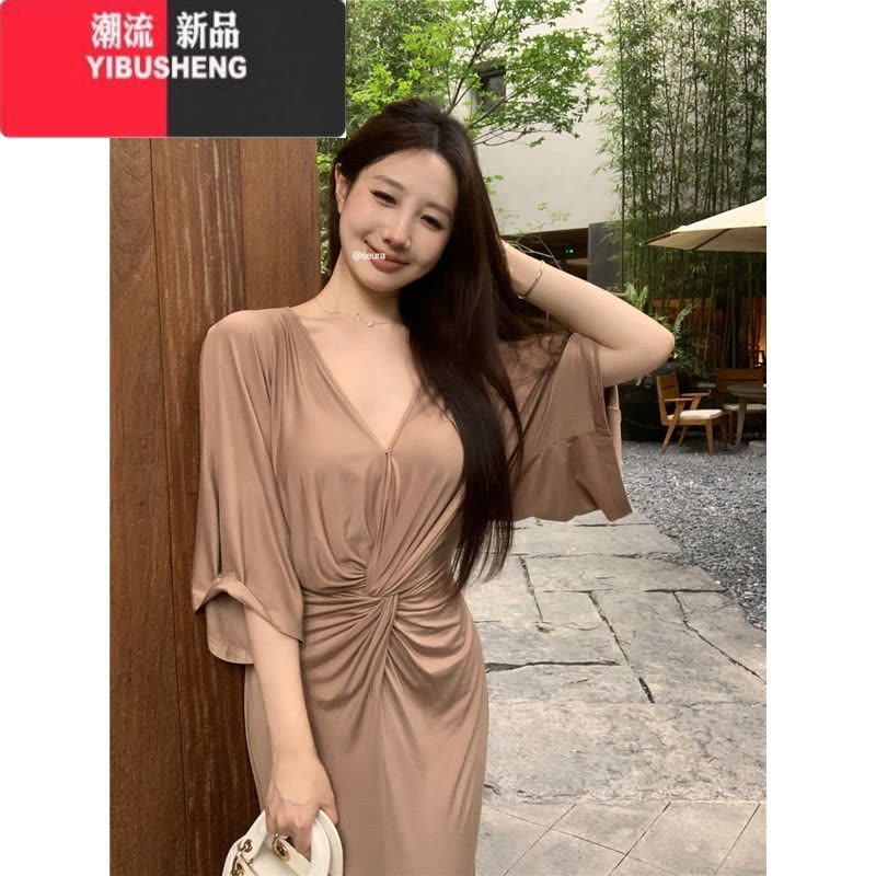 YIBUSHENG法式气质优雅V领连衣裙女季裙子扭结设计感开叉包臀裙咖色长裙图片