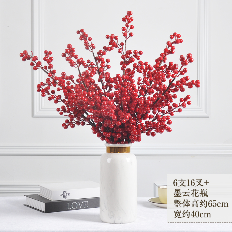杉清花瓶 花艺冬青红果财果仿真花假花客厅红色浆果diy材料干花装饰果枝盆栽 6支16叉 30cm金边圆柱 价格图片品牌报价 苏宁易购千之雪百货专营店