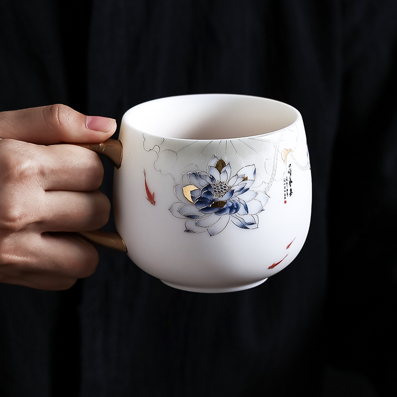 領藝 优选渡景山房羊脂玉描金茶杯德化白瓷素烧白玉瓷马克杯大容量陶瓷办公杯 羊脂玉贵仁杯(妙色清欢)黄金款礼盒装