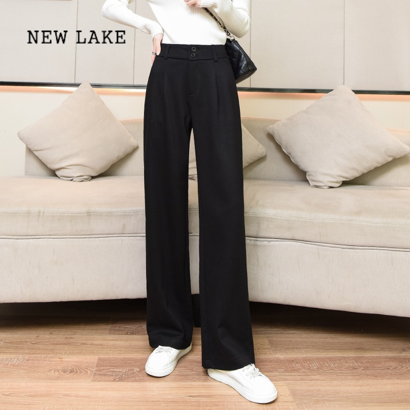 new lake阔腿裤女高腰垂感加厚毛呢直筒裤子2023新款冬季休闲加绒女裤