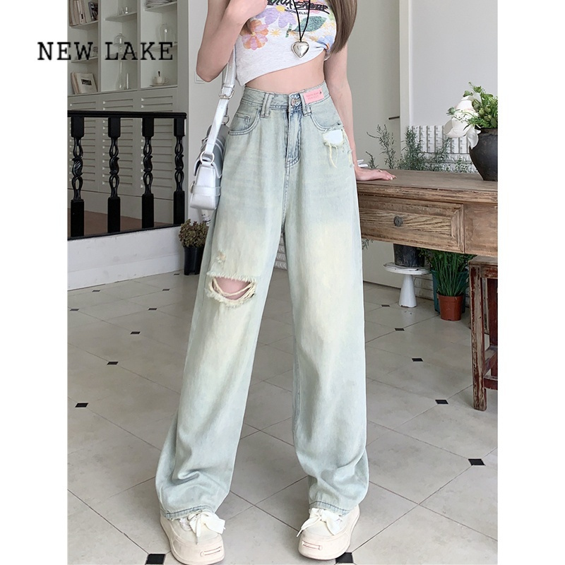 new lake浅色破洞牛仔裤女2024新款美式复古设计感高腰显瘦阔腿拖地裤