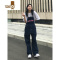 YANXU美式复古工装牛仔背带裤2023新款男女宽松休闲阔腿长裤吊带裤