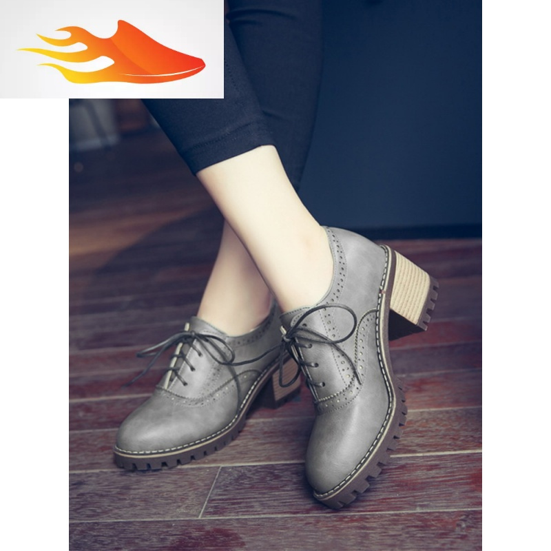 fishbasket英伦复古文艺粗跟系带布洛克女鞋子圆头中跟学生大小码32