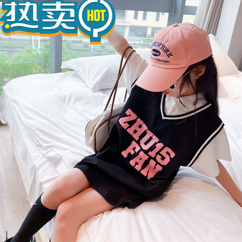 绿彩虹光女童夏装连衣裙2023新款小女孩t恤裙夏季大童短袖polo衫儿童裙子6