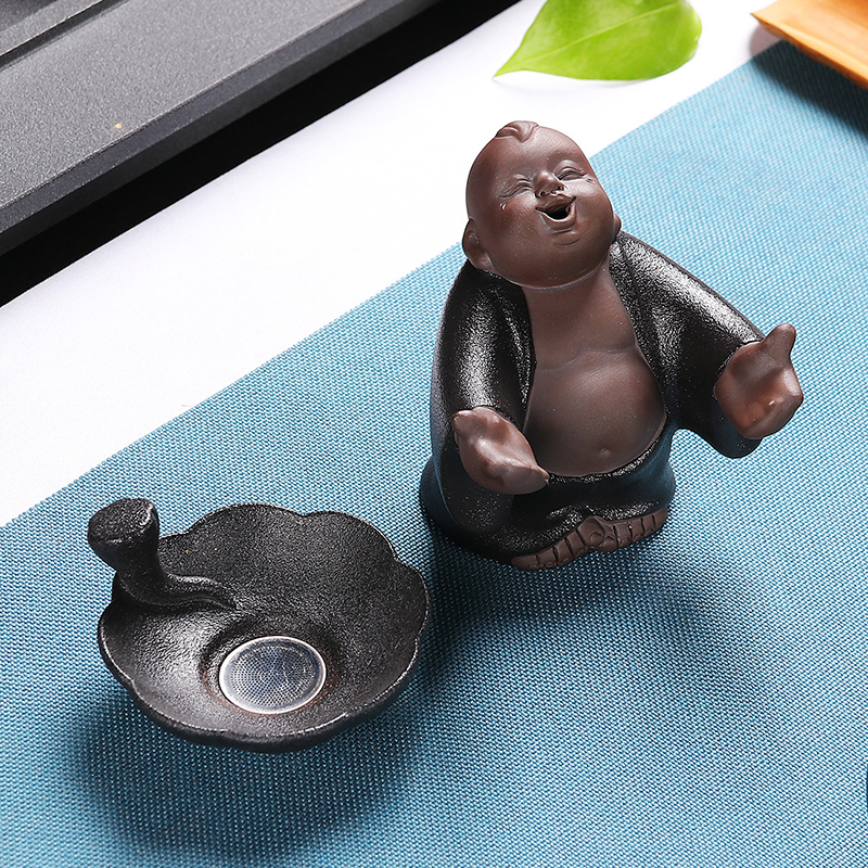 尚帝(shangdi)茶漏创意茶滤粗陶不锈钢泡茶过滤器功夫茶具配件陶瓷简约个性 细哑黑童牧茶漏架高清大图