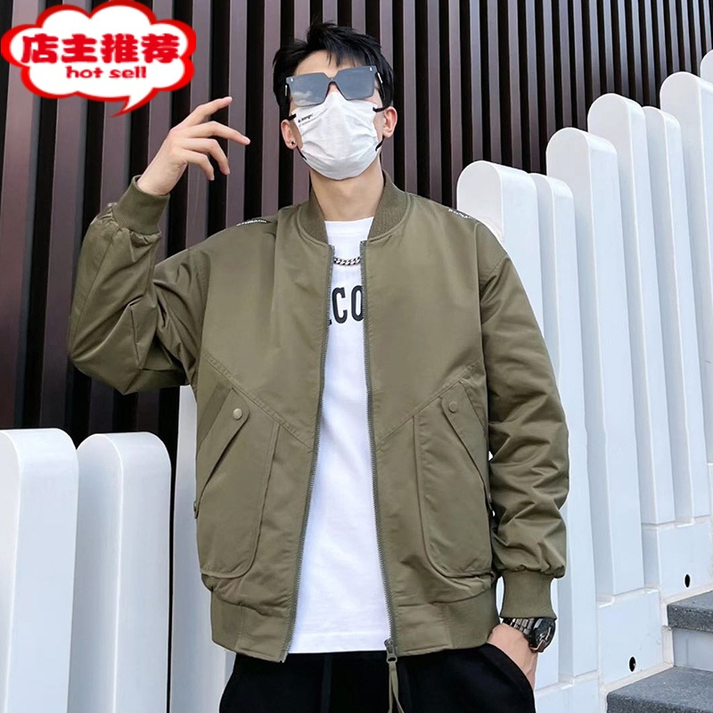 SHANCHAO棒球服男士外套2023春装新款加厚休闲潮牌二棉飞行员夹克绒