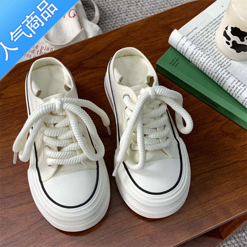 SUNTEK易少年 厚底增高半托两穿帆布鞋女ins潮超火百搭懒人一脚蹬小白鞋高清大图