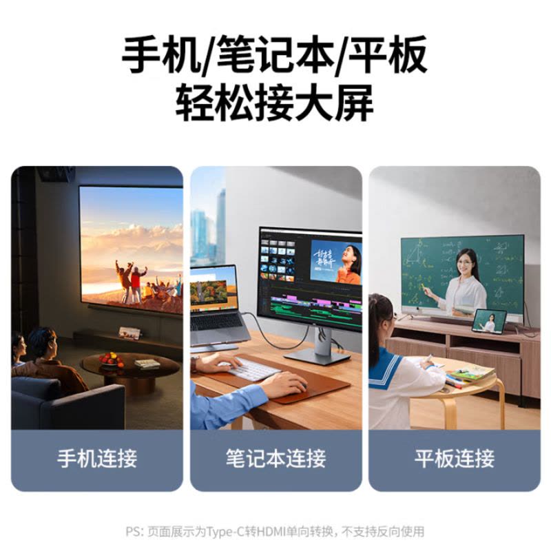 绿联Type-C转HDMI线雷电4/5转换器USB-C转接头扩展4K60/2K144Hz投屏适用笔记本电脑手机2m图片