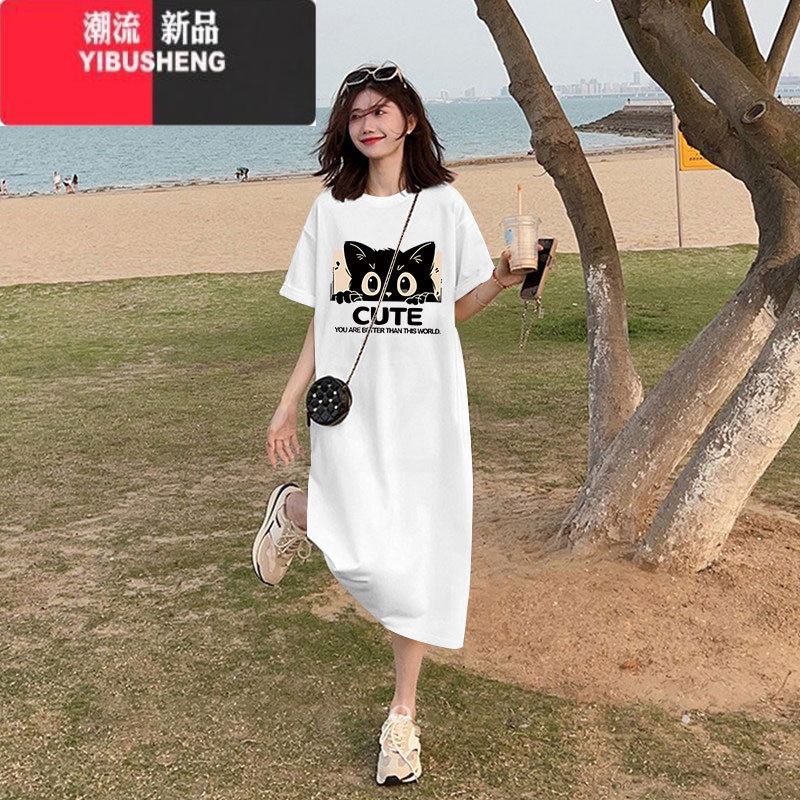 YIBUSHENG大码短袖连衣裙女季胖mm加肥宽松过膝T恤裙舒适半袖长款裙高清大图