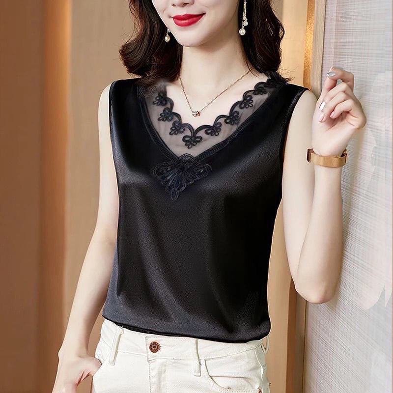 大码宽松冰丝背心女夏外穿丝绸吊带内搭蕾丝v领黑色无袖打底上衣 01黑 M