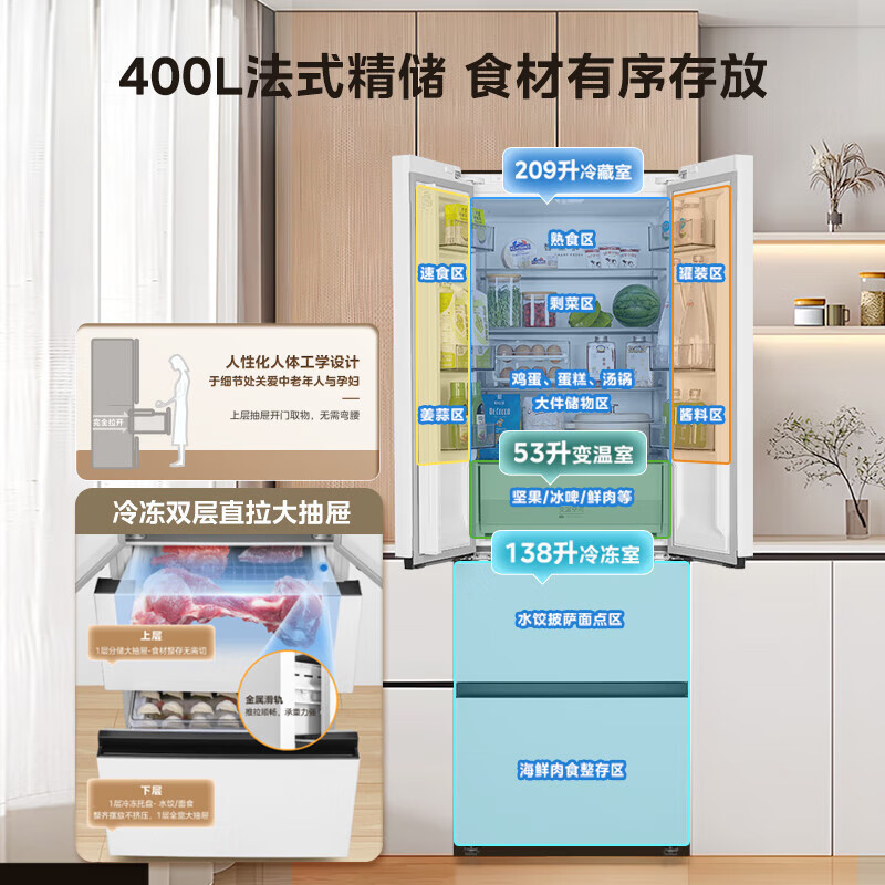 [官方正品]美的400升四开门超薄嵌系列嵌入式双变频一级能效风冷大容量白色冰箱 MR-420WUFPZE以旧换新