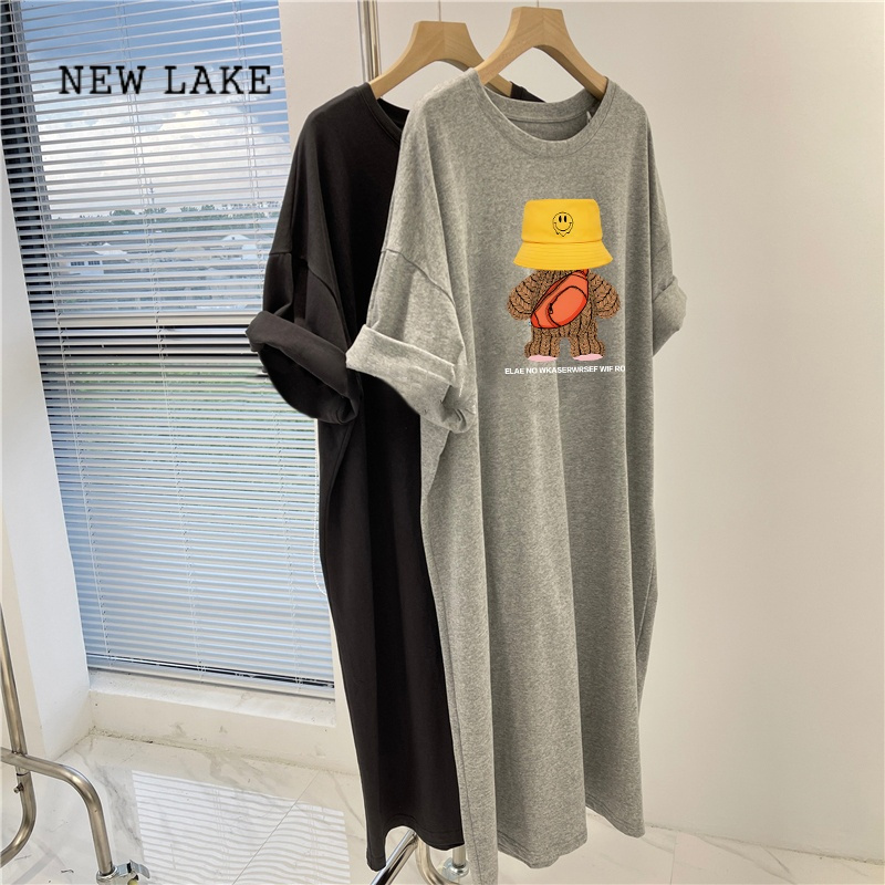 NEW LAKE大码女装短袖t恤裙子夏季纯棉胖mm遮肚显瘦长裙慵懒风过膝连衣裙