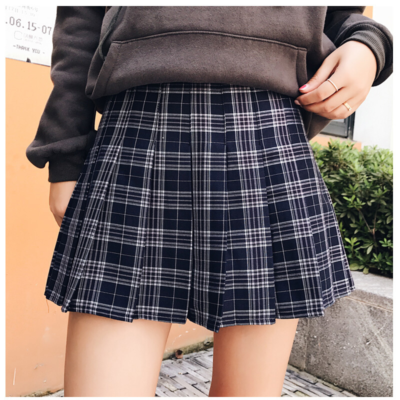 格子百褶短裙2018春夏新款女chic学生学院风高腰ulzzang半身裙子蓝色折子裙1205