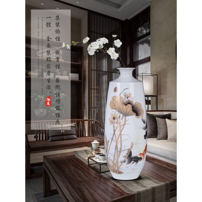 景德镇陶瓷器花瓶摆件客厅插花大号描金现代简约家居电视柜装饰品 三维工匠 金宇铭《松下问童子》福筒瓶+旋转底座