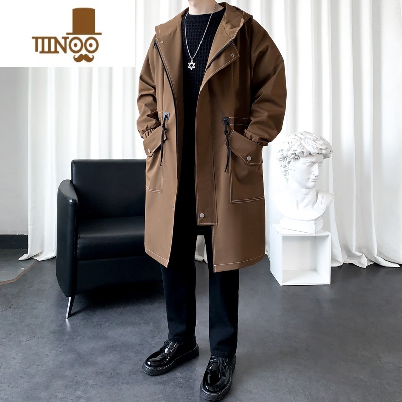 YANXU中长款过膝风衣男士小众设计高街连帽外套潮牌宽松休闲大衣高清大图