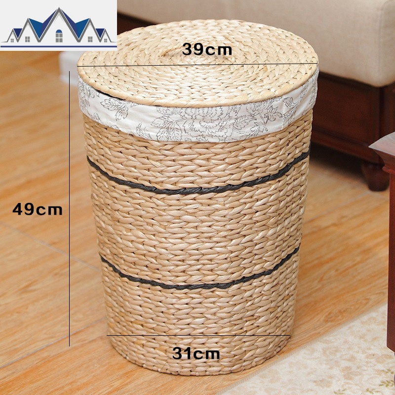 编收纳筐脏衣服收纳篮 洗衣篮子藤编收纳箱收纳筐带盖筐子 三维工匠 蒲草材质圆篓大号