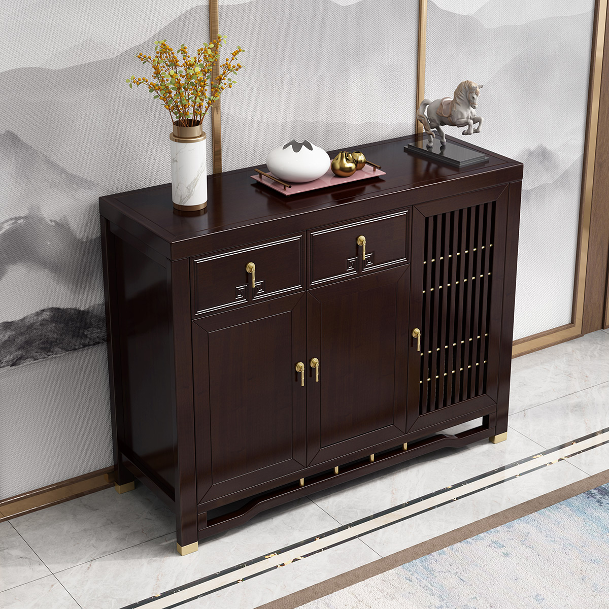 月影梳桐新中式鞋柜三门带双抽屉大容量储物玄关进门实木柜子客厅家具