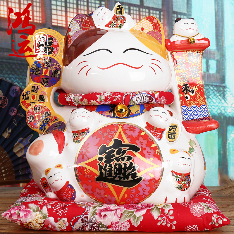 日本正版猫摆件14寸特大号储气罐存钱罐陶瓷店铺开业创意礼品 三维工匠 14寸财源滚滚豪华版猫高清大图