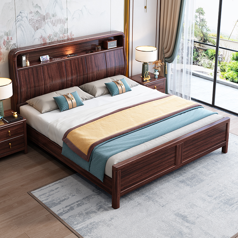 青木川 新中式乌金木床1.5米单人床1.8米双人床主卧室家具房间大床酒店别墅舒适结婚成人婚床床架子床铺高清大图