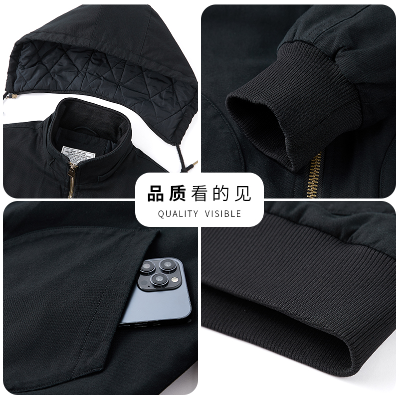 恒源祥纯棉夹克外套男士秋冬季加厚保暖棉衣工装休闲连帽棉服短款高清大图