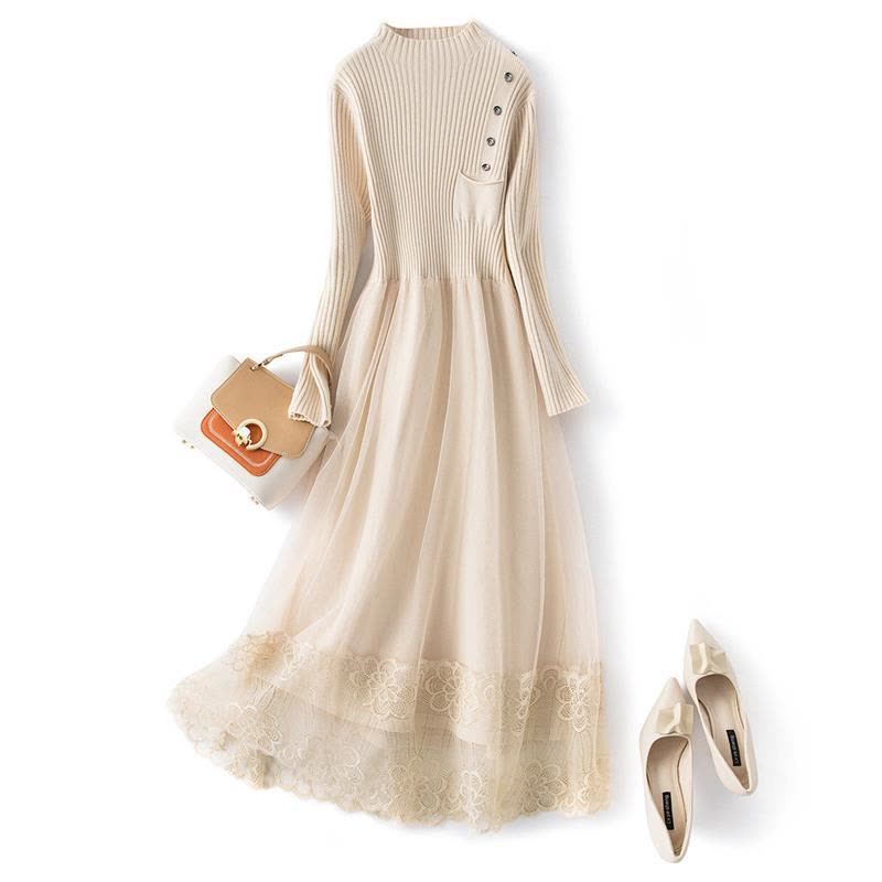 2021秋冬新款轻熟风优雅修身显瘦蕾丝针织拼接连衣裙图片