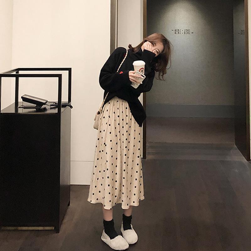 孕妇裙子春秋2021新款孕妇波点孕妇半身裙女中长款托腹A字裙长裙 黑色[丝绒百褶裙] M
