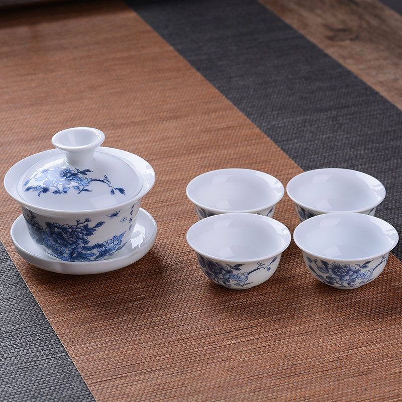 [多款可选]茶具套装陶瓷泡茶器青花瓷家用白瓷简约盖碗茶杯 [1盖碗4杯]玉瓷-纯白