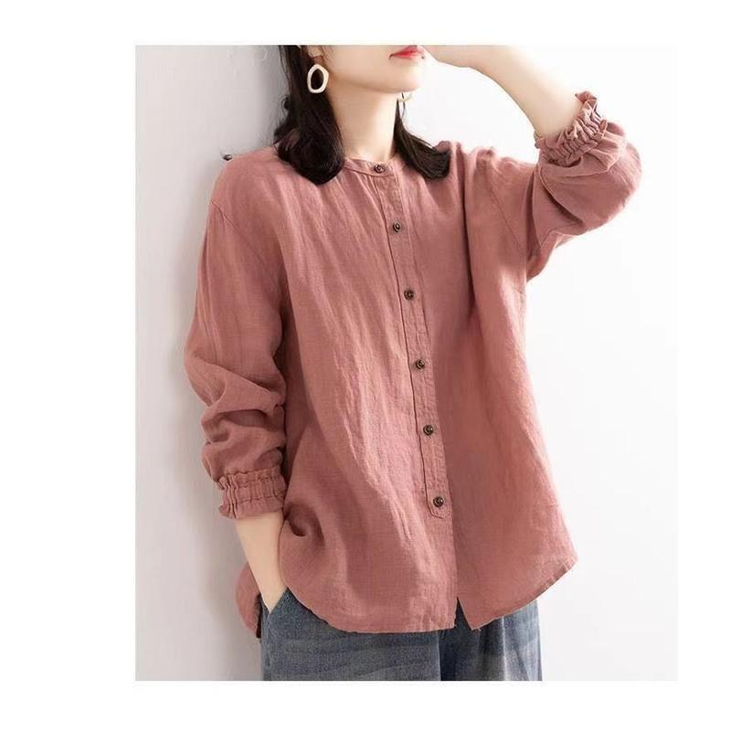 文艺复古棉麻衬衫女秋装新款宽松圆领长袖外套休闲亚麻开衫上衣女桃色