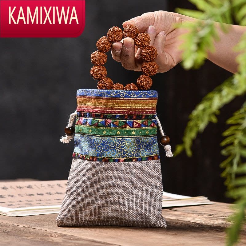 KAMIXIWA棉麻拼接收纳袋大号首饰袋抽绳束口袋绒布袋中式名族风文玩手串袋图片