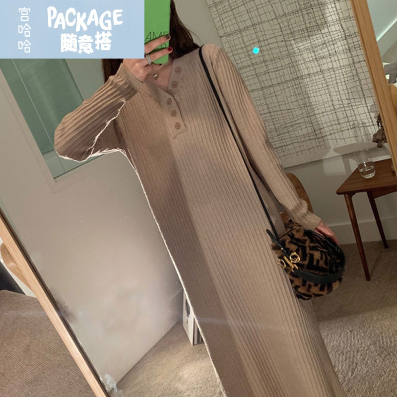 哺乳毛衣连衣裙春秋装外出时尚辣妈喂奶衣V领长款打底针织哺乳裙