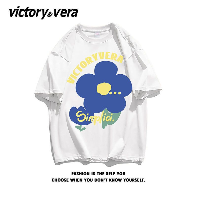 VICTORYVERA100%纯棉学生宽松ins花朵印花盐系短袖T恤女2022夏季