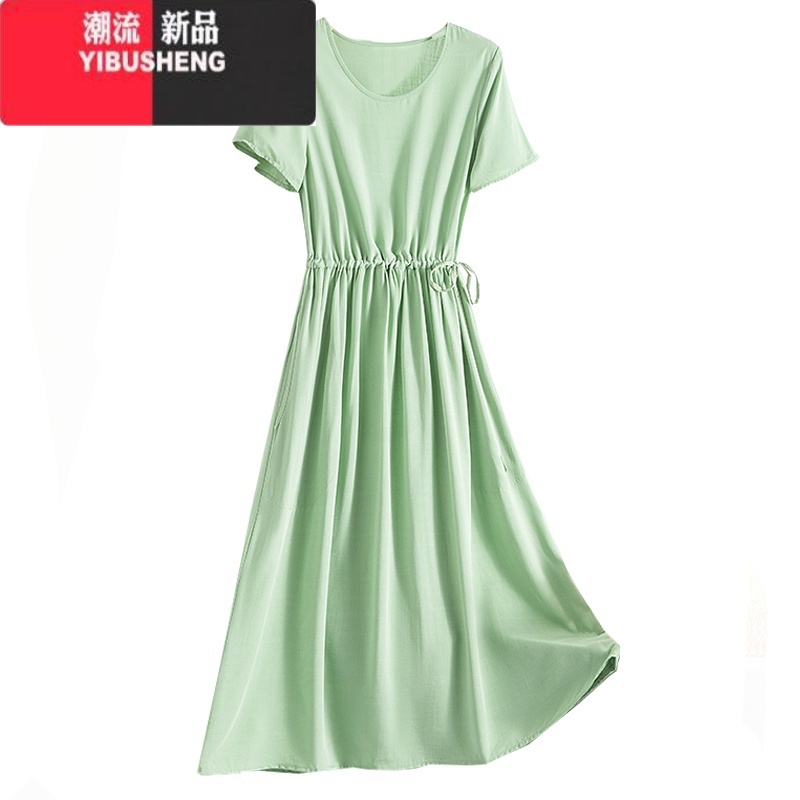 YIBUSHENG2024新款时尚棉绸季连衣裙系带纯色短袖小个子人造棉中长大摆2高清大图