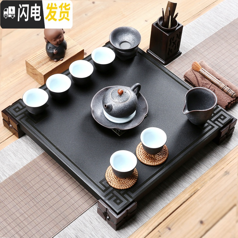 三维工匠整块鸡翅黑檀实木茶盘四方简约茶海整套陶瓷哥窑汝窑功夫茶具套装 瑞福石木盘+紫砂大富 21件