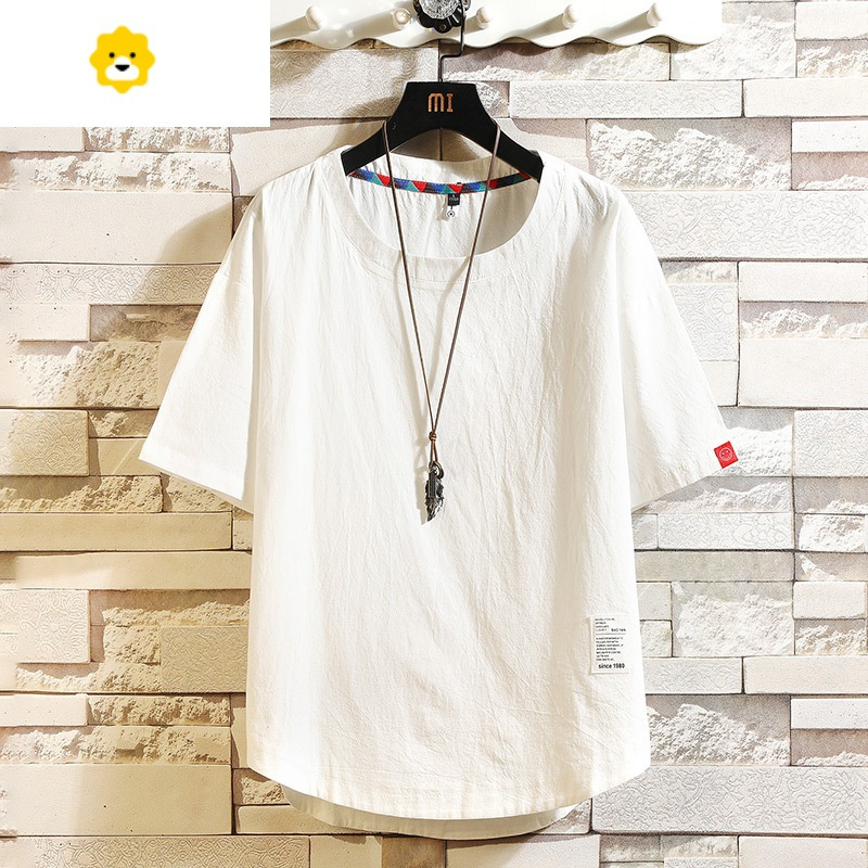 fishbasket棉麻短袖t恤男装季半袖宽松上衣服休闲潮流大码亚麻薄款体